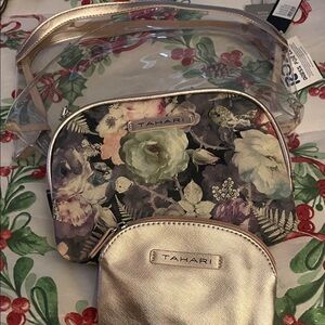 Tahari Transparent and Metallic Pink Cosmetic Bag Set
